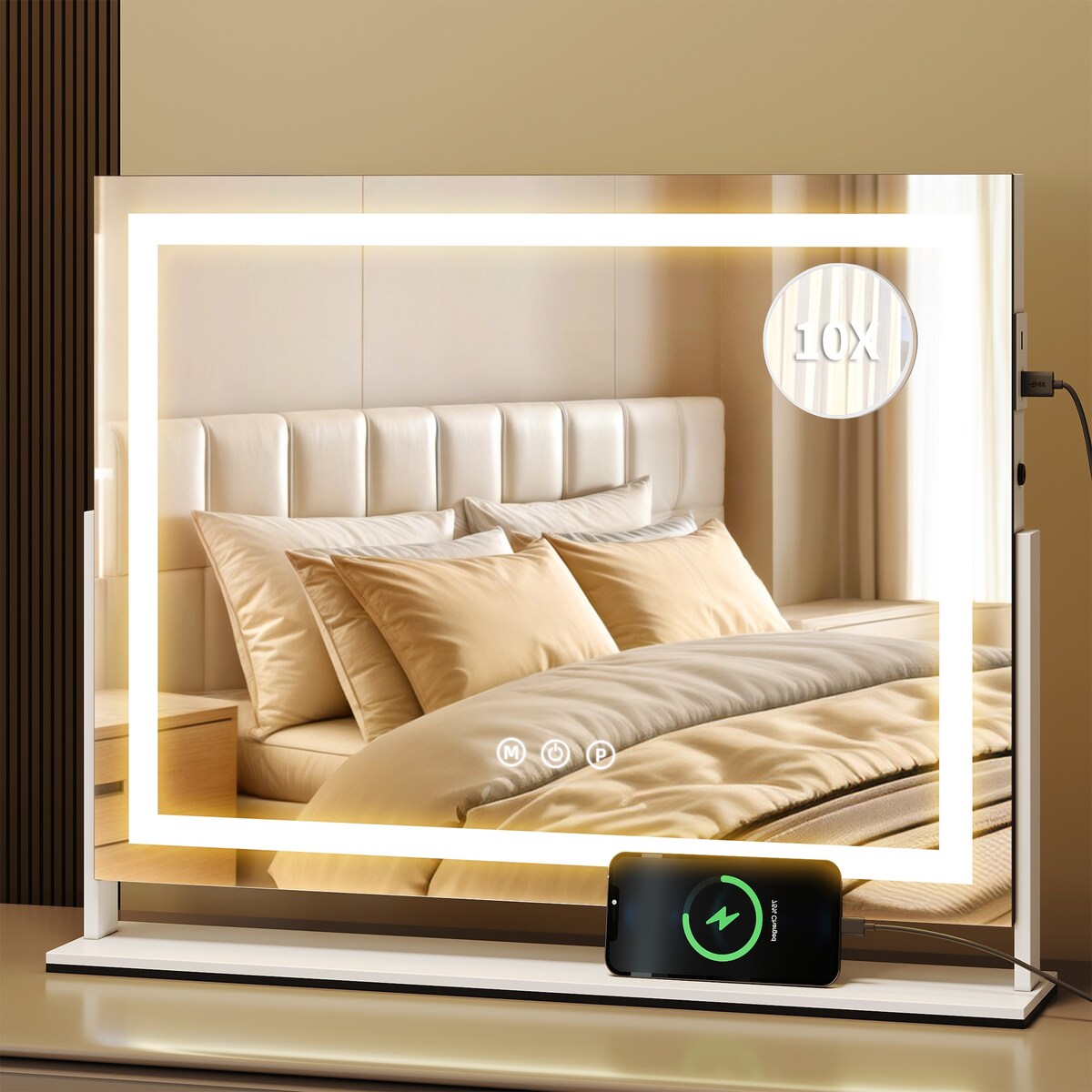 Miroir de maquillage Moasis avec lumière LED, port de chargement USB, grossissement x10 et haut-parleur Bluetooth.