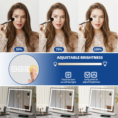 Miroir de maquillage Moasis avec lumière LED, port de chargement USB, grossissement x10 et haut-parleur Bluetooth.