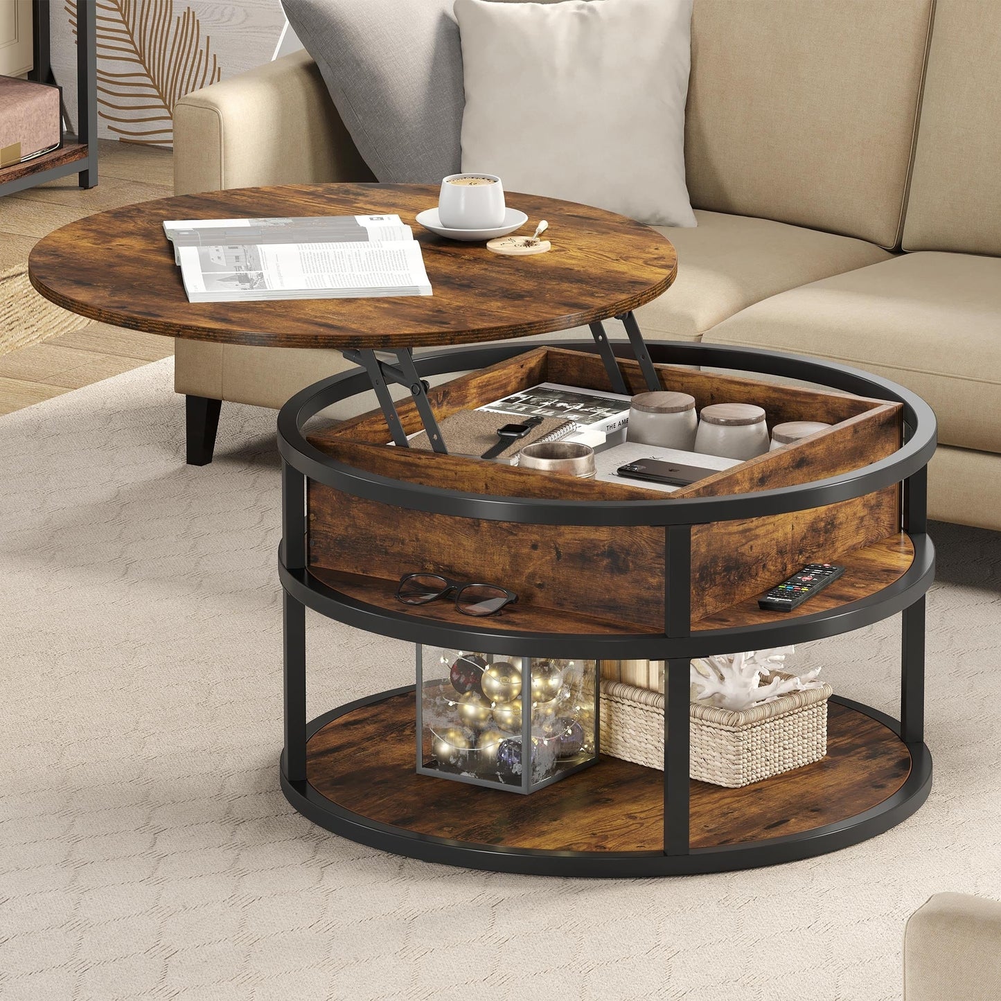 Table basse ronde Moasis avec plateau relevable et rangement dissimulé