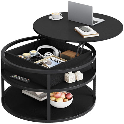 Table basse ronde Moasis avec plateau relevable et rangement dissimulé