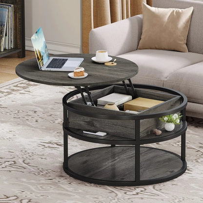 Table basse ronde Moasis avec plateau relevable et rangement dissimulé