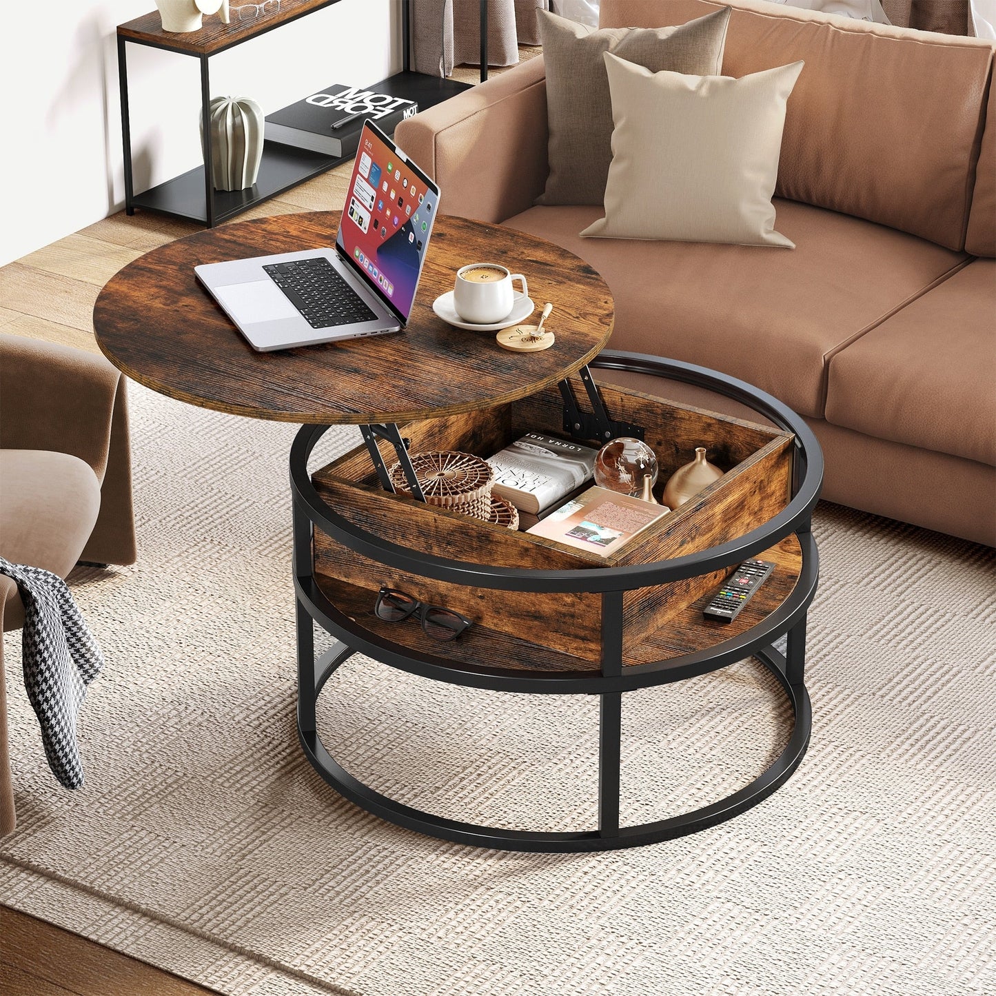 Table basse ronde Moasis avec plateau relevable et rangement dissimulé