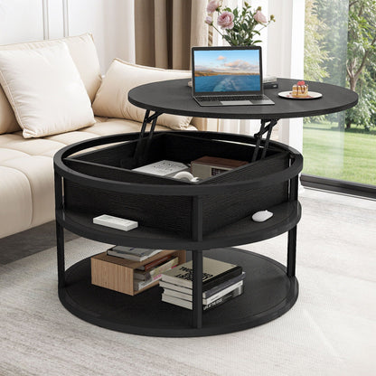 Table basse ronde Moasis avec plateau relevable et rangement dissimulé