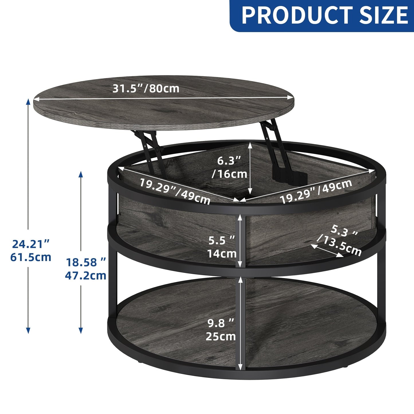 Table basse ronde Moasis avec plateau relevable et rangement dissimulé