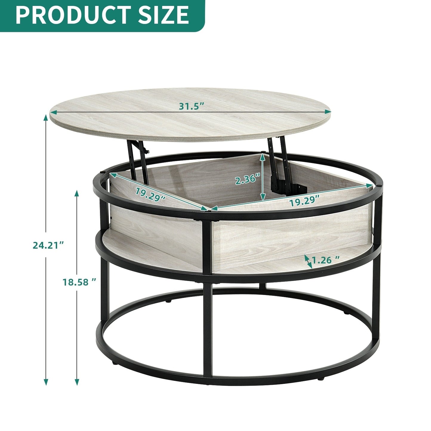 Table basse ronde Moasis avec plateau relevable et rangement dissimulé