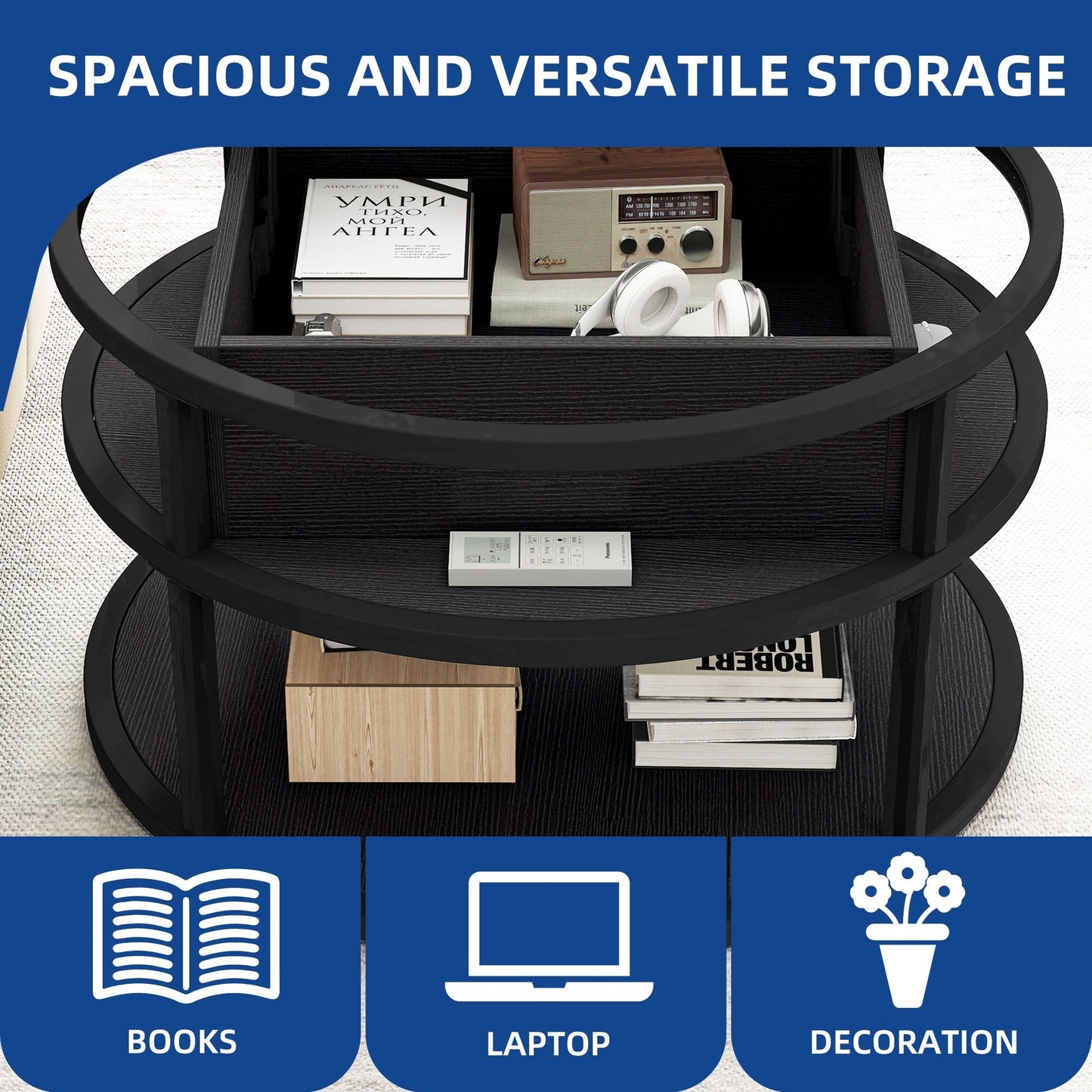 Table basse ronde Moasis avec plateau relevable et rangement dissimulé
