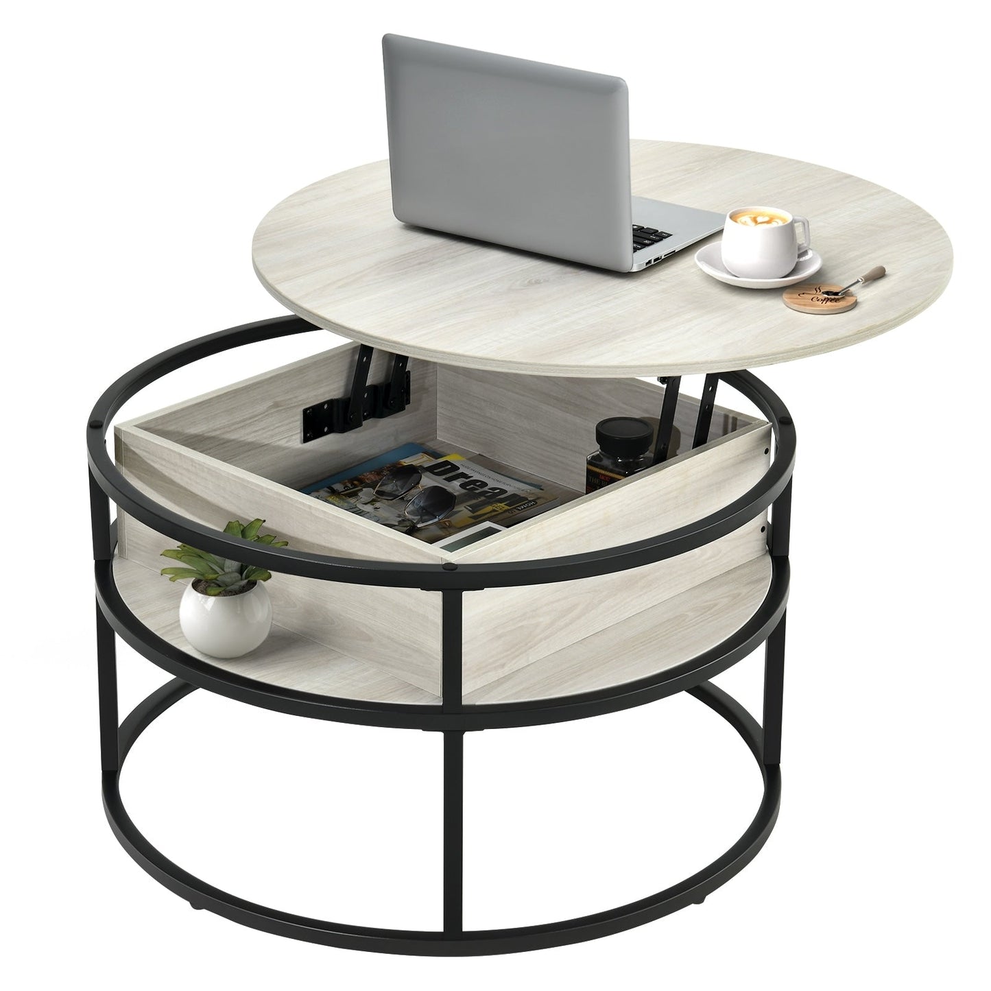 Table basse ronde Moasis avec plateau relevable et rangement dissimulé