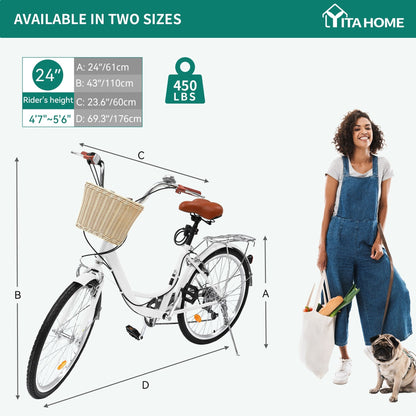 Vélo de ville Moasis24/26 à 7 vitesses, cadre ouvert réglable, idéal pour les trajets domicile-travail.