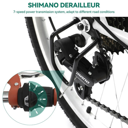 Vélo de ville Moasis24/26 à 7 vitesses, cadre ouvert réglable, idéal pour les trajets domicile-travail.