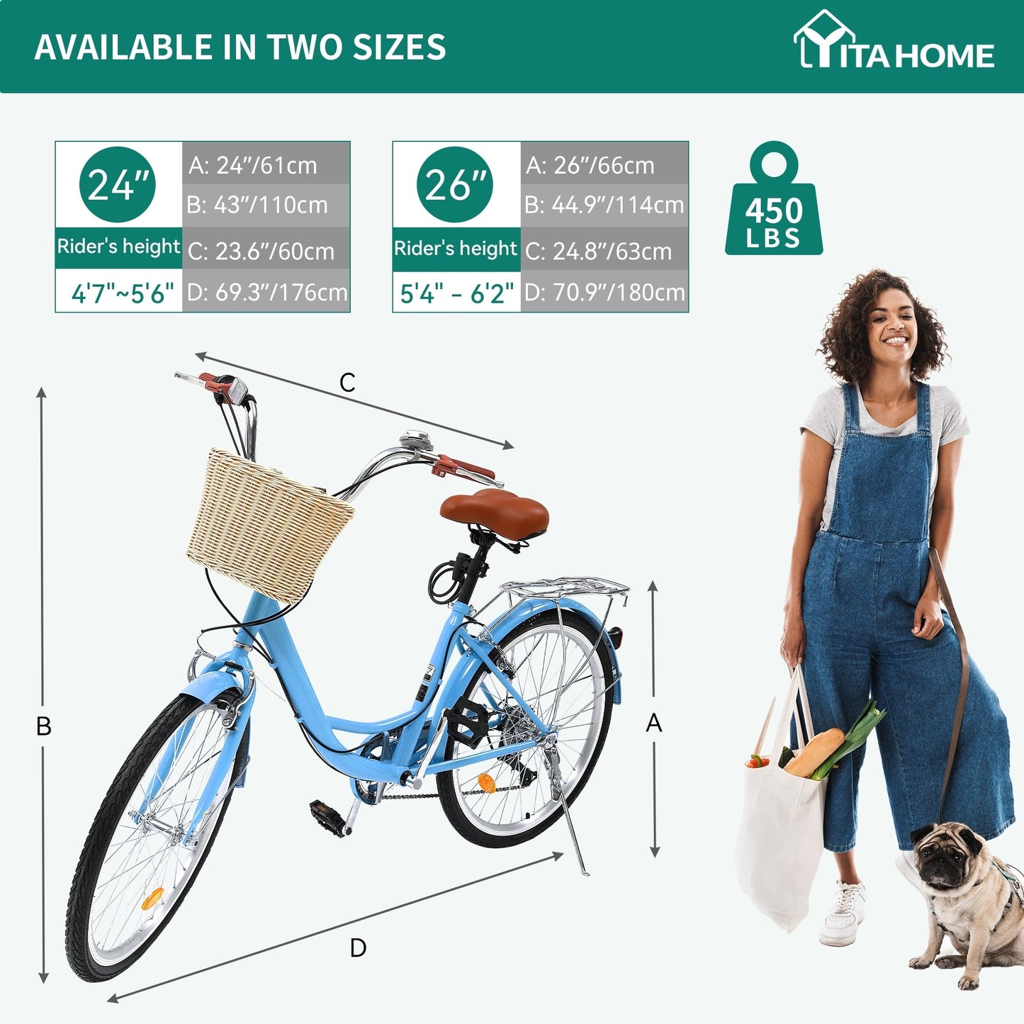 Vélo de ville Moasis24/26 à 7 vitesses, cadre ouvert réglable, idéal pour les trajets domicile-travail.