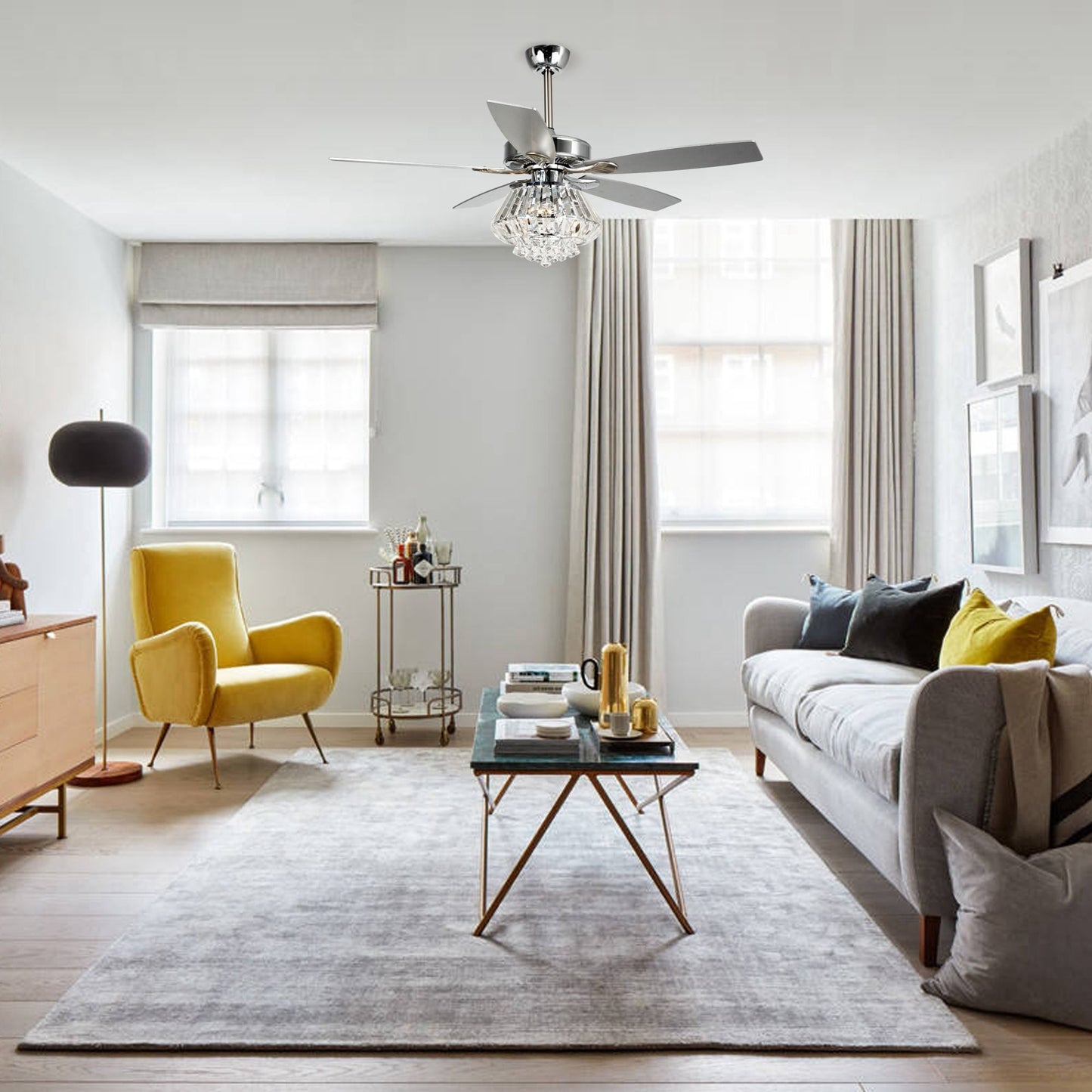 Ventilateur de plafond moderne chromé de 132 cm avec lustre en cristal et télécommande