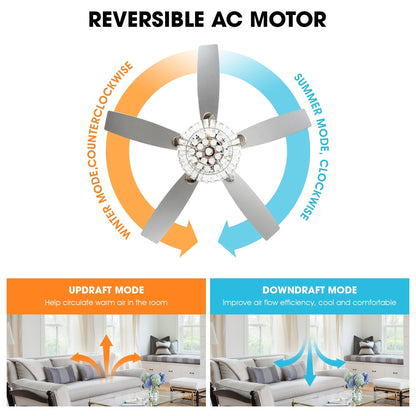 Ventilateur de plafond moderne chromé de 132 cm avec lustre en cristal et télécommande