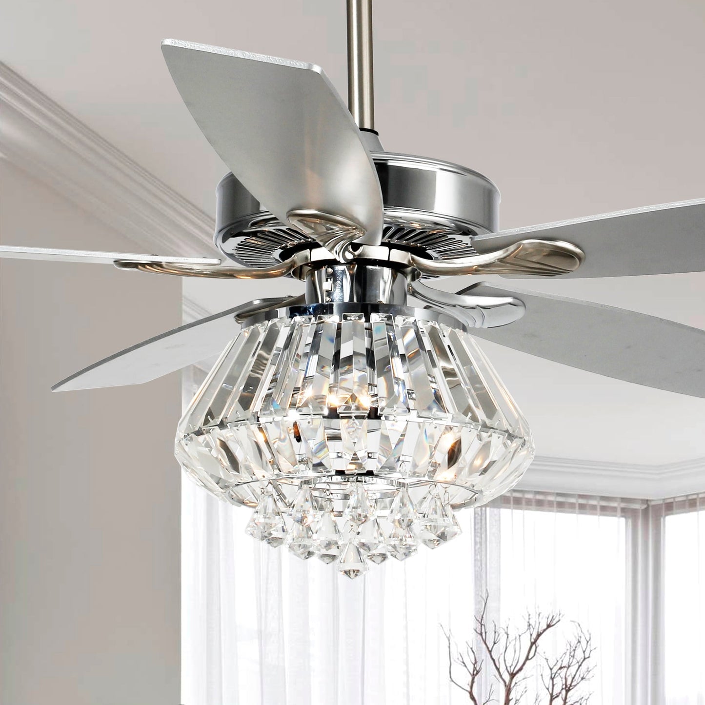 Ventilateur de plafond moderne chromé de 132 cm avec lustre en cristal et télécommande