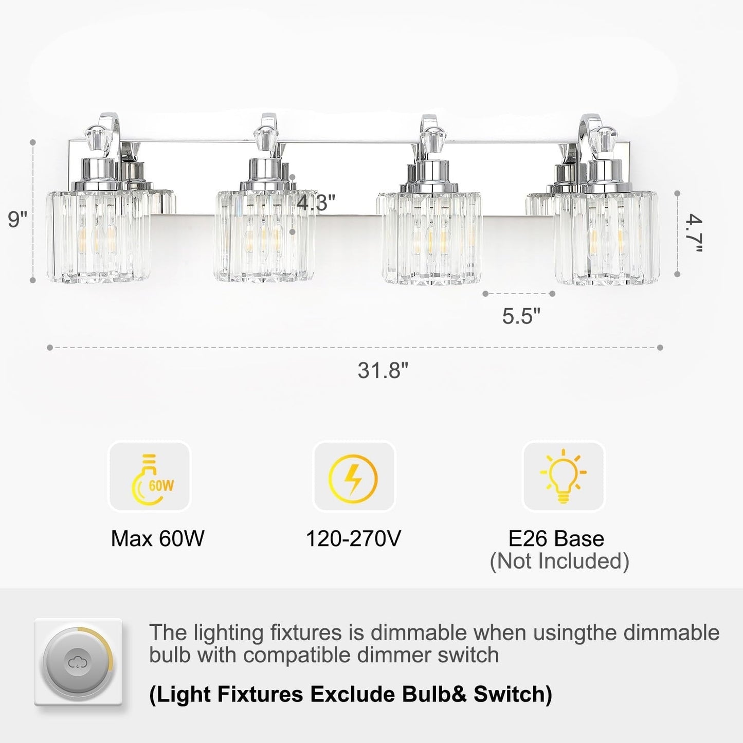 Appliques murales modernes en cristal pour salle de bain, à intensité variable