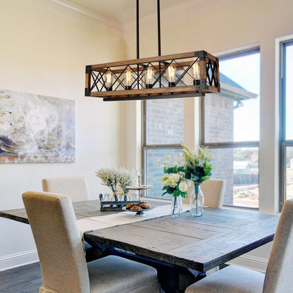 Lustre rectangulaire en bois à 5 lumières, style ferme moderne, avec structure en cage, idéal pour une salle à manger - 31,6 cm (L) x 10 cm (l) x 7,8 cm (H)