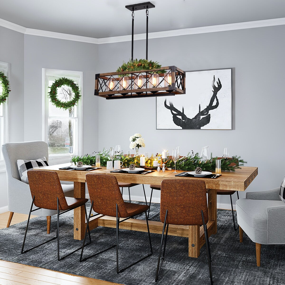 Lustre rectangulaire moderne de style ferme à 5 lumières en bois et verre bullé, idéal pour îlot de cuisine ou salle à manger - 80 cm (L) x 22 cm (l) x 20 cm (H)