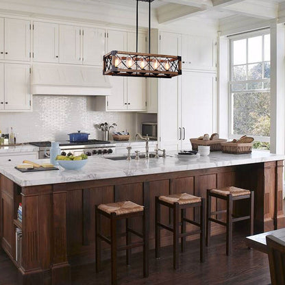 Lustre rectangulaire moderne de style ferme à 5 lumières en bois et verre bullé, idéal pour îlot de cuisine ou salle à manger - 80 cm (L) x 22 cm (l) x 20 cm (H)