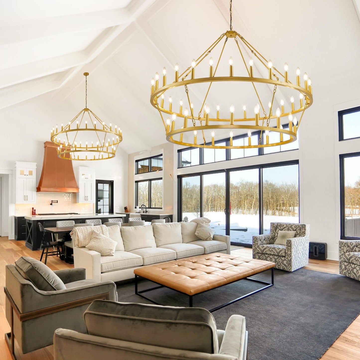 Lustre moderne de style ferme à 2 niveaux, lustre rond en forme de roue de chariot, grand luminaire pour plafond haut.