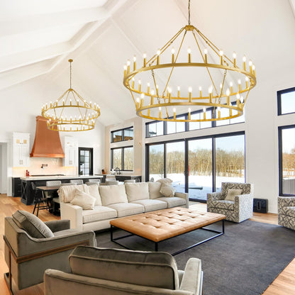 Lustre moderne de style ferme à 2 niveaux, lustre rond en forme de roue de chariot, grand luminaire pour plafond haut.