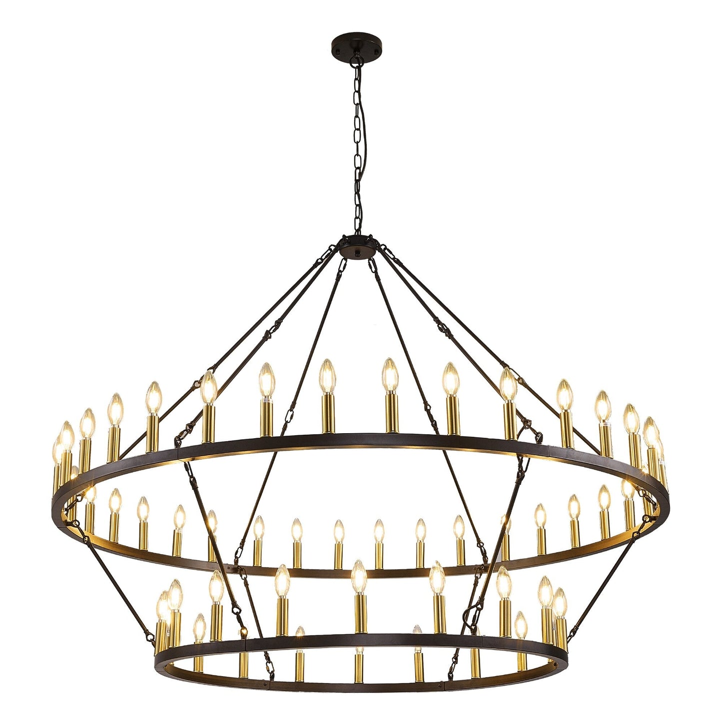 Lustre moderne de style ferme à 2 niveaux, lustre rond en forme de roue de chariot, grand luminaire pour plafond haut.