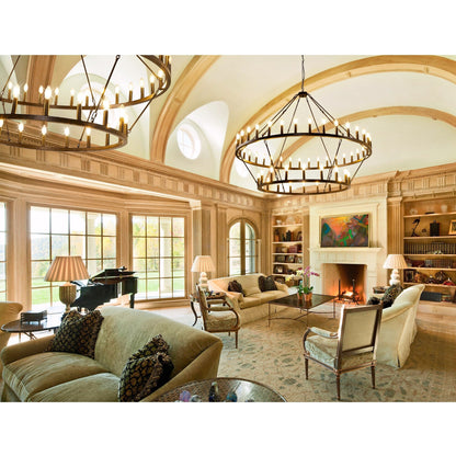 Lustre moderne de style ferme à 2 niveaux, lustre rond en forme de roue de chariot, grand luminaire pour plafond haut.