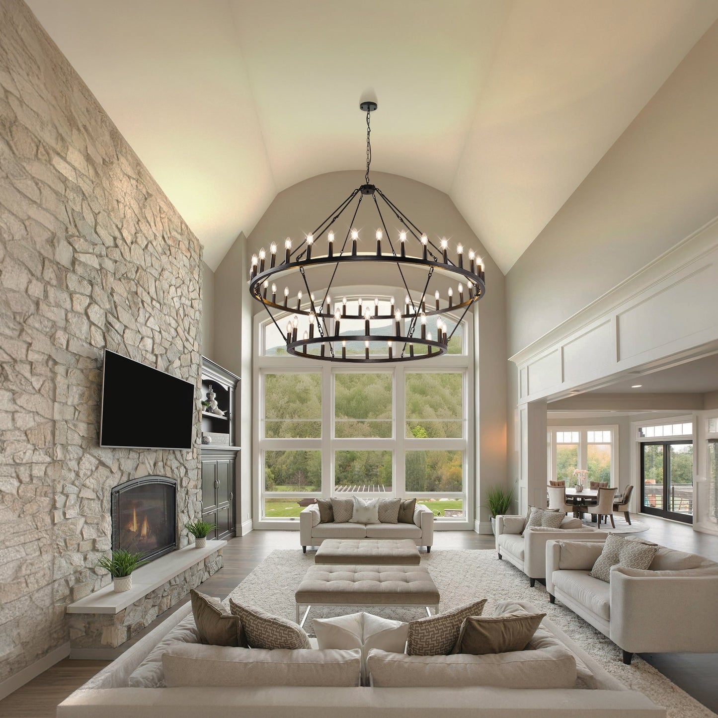 Lustre moderne de style ferme à 2 niveaux, lustre rond en forme de roue de chariot, grand luminaire pour plafond haut.