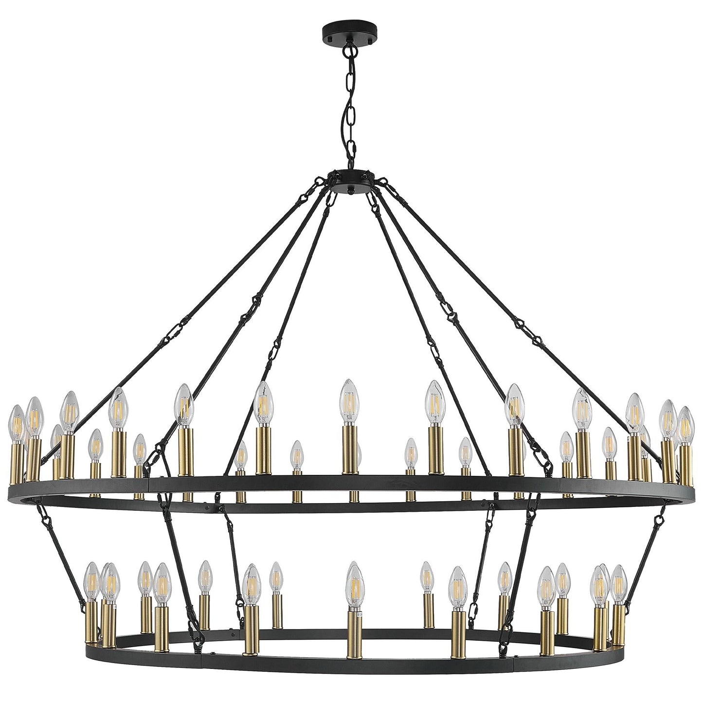Lustre moderne de style ferme à 2 niveaux, lustre rond en forme de roue de chariot, grand luminaire pour plafond haut.