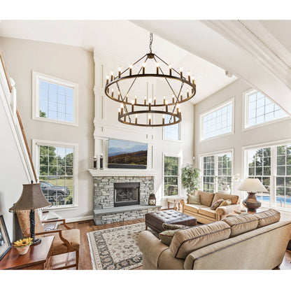 Lustre moderne de style ferme à 2 niveaux, lustre rond en forme de roue de chariot, grand luminaire pour plafond haut.