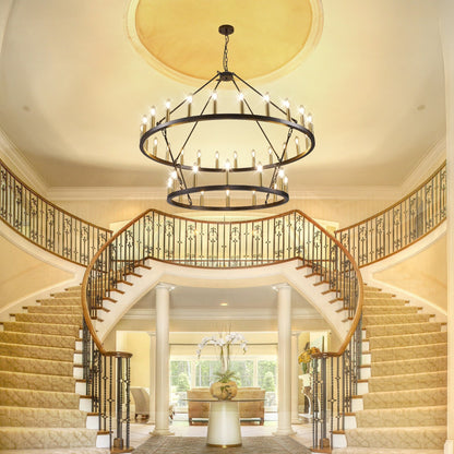 Lustre moderne de style ferme à 2 niveaux, lustre rond en forme de roue de chariot, grand luminaire pour plafond haut.