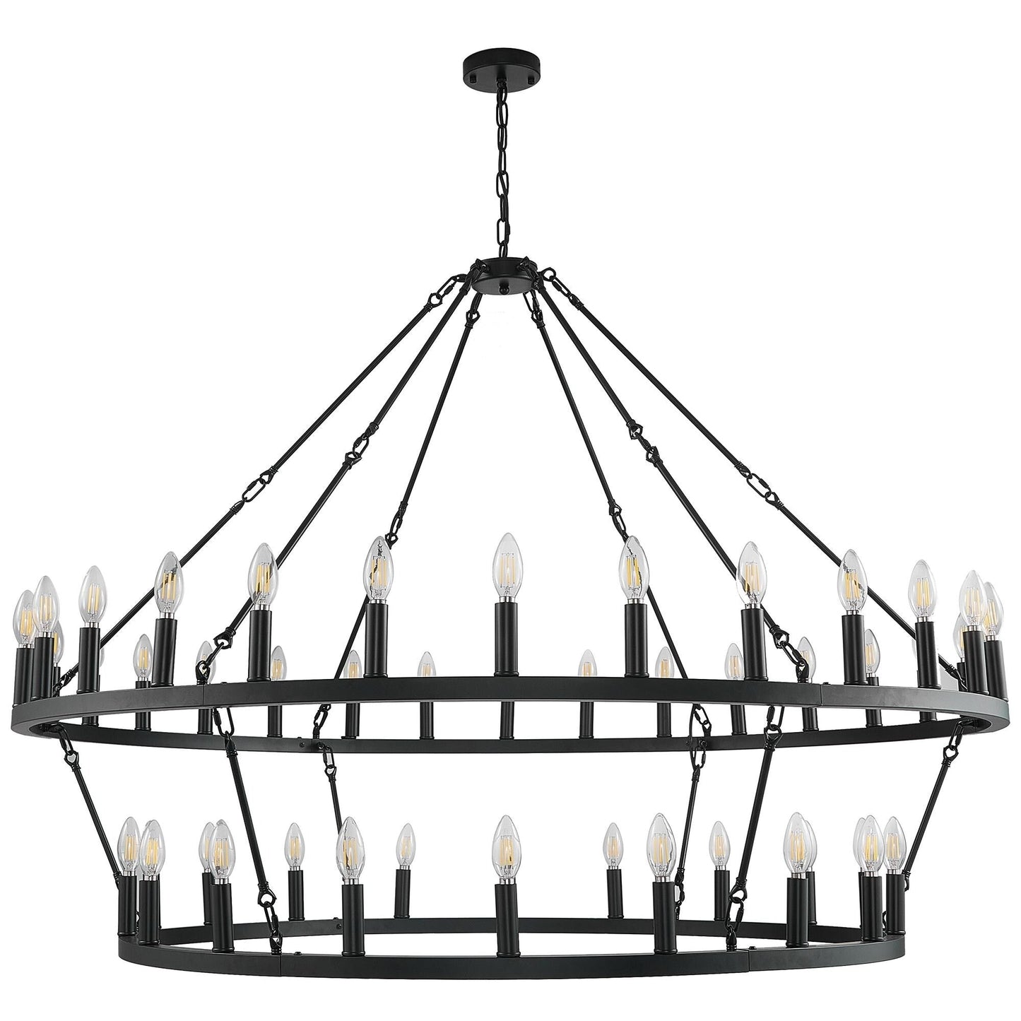 Lustre moderne de style ferme à 2 niveaux, lustre rond en forme de roue de chariot, grand luminaire pour plafond haut.