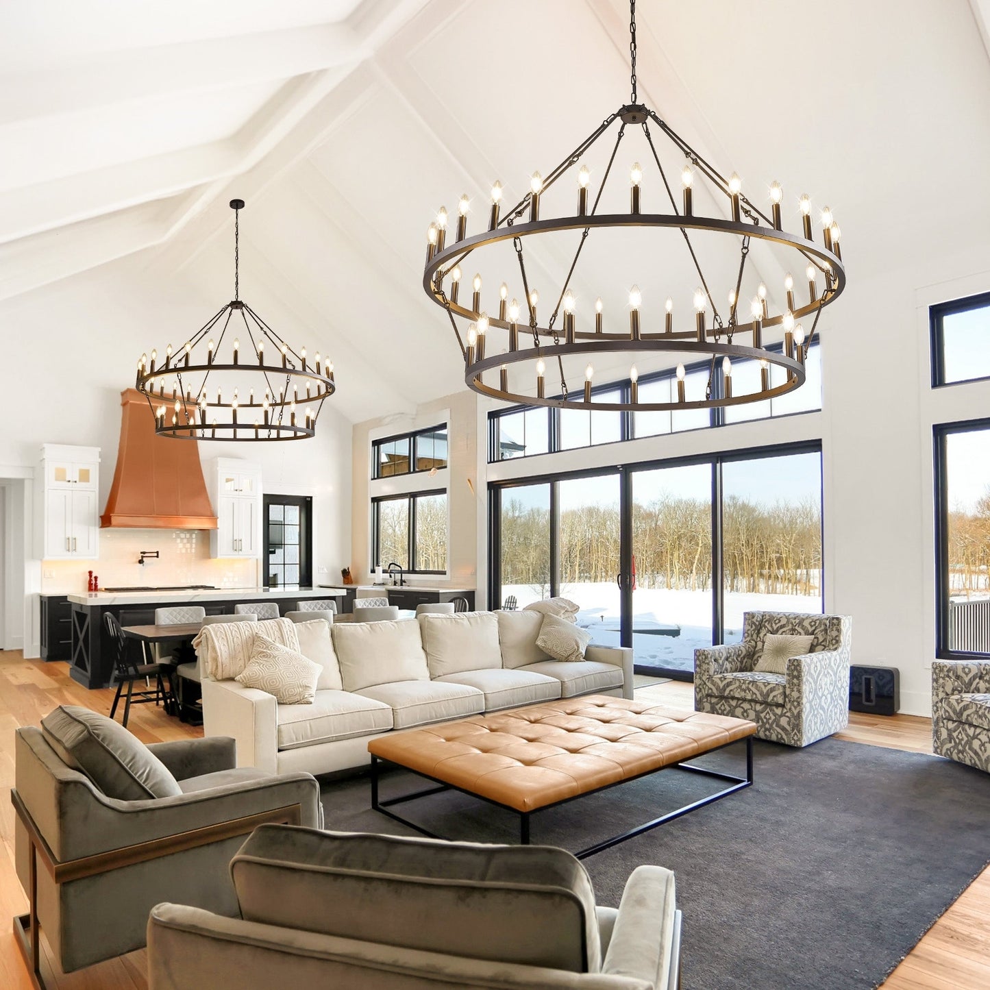 Lustre moderne de style ferme à 2 niveaux, lustre rond en forme de roue de chariot, grand luminaire pour plafond haut.