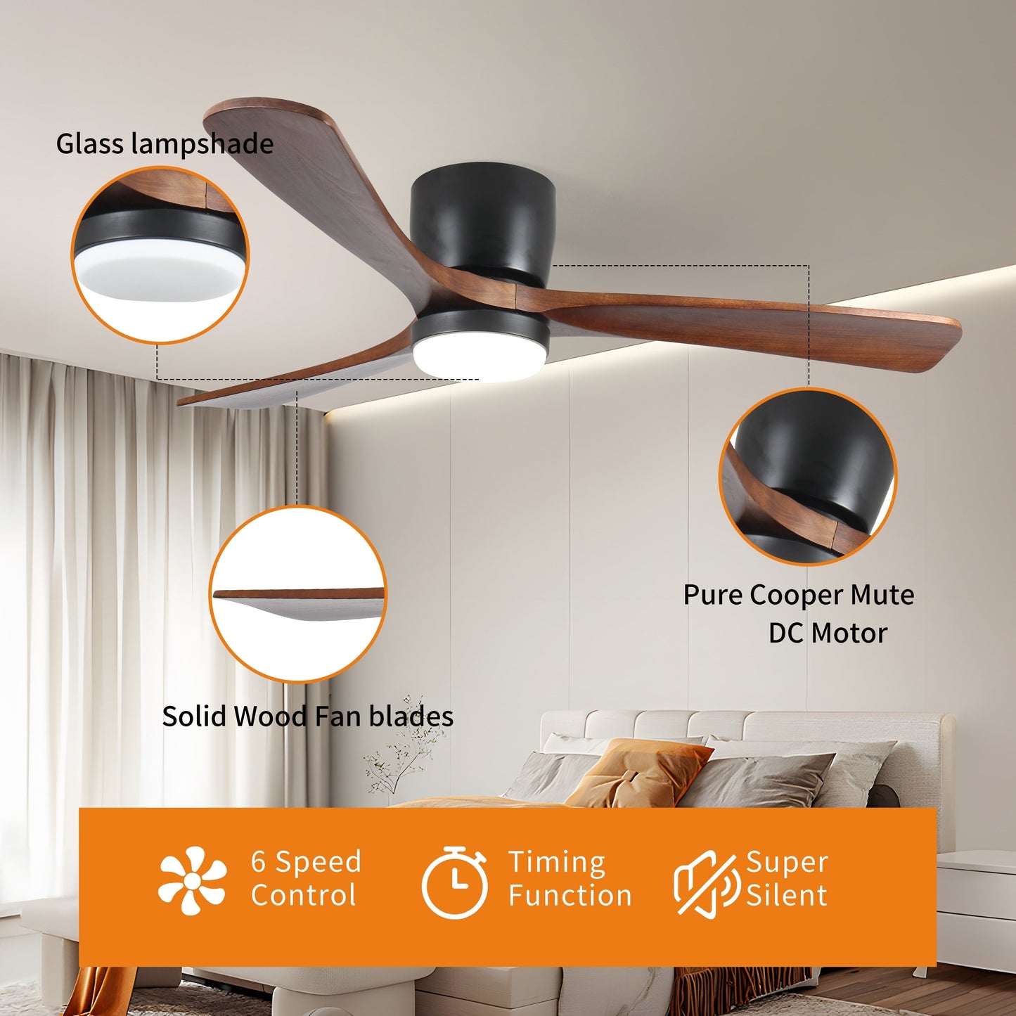 Ventilateur de plafond moderne encastré avec lustre, éclairage LED à intensité variable et télécommande, ventilateur de plafond à moteur réversible de 42 pouces pour salon, noir