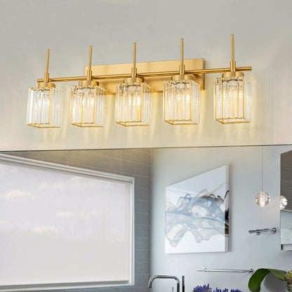 Applique murale moderne dorée à intensité variable, style cylindrique glamour pour salle de bain, applique murale en cristal pour coiffeuse