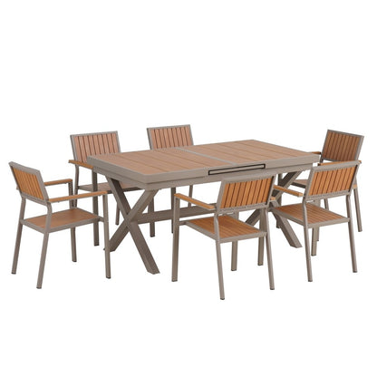 Ensemble de salle à manger d'extérieur moderne de 7 pièces avec six chaises et une table extensible pour patio