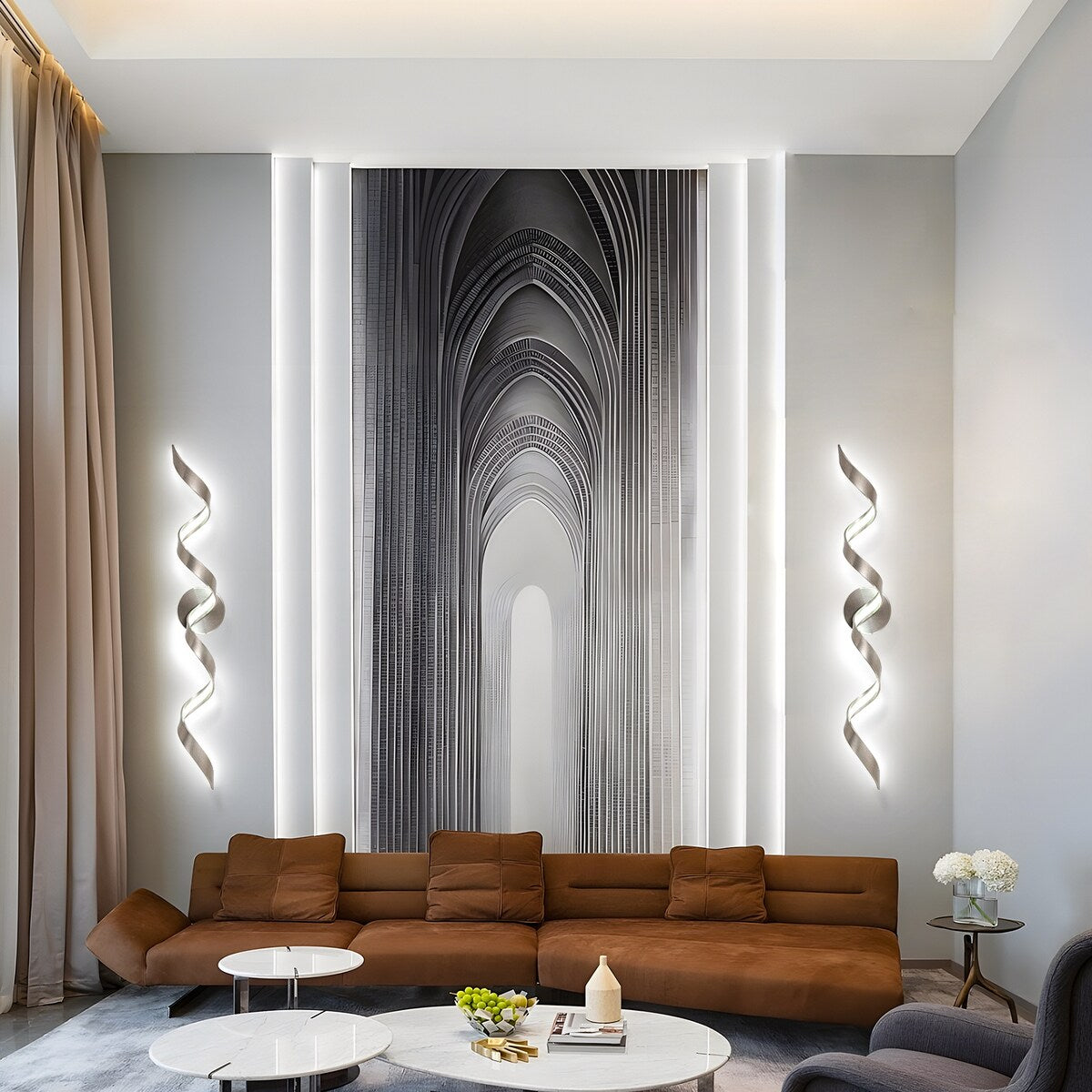 Applique murale LED moderne en spirale pour salle de bain, à intensité variable.