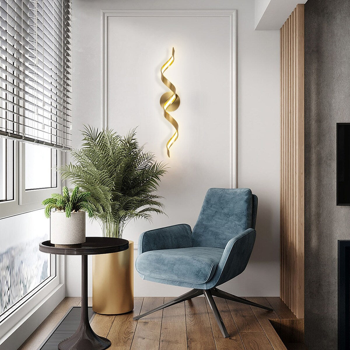 Applique murale LED moderne en spirale pour salle de bain, à intensité variable.