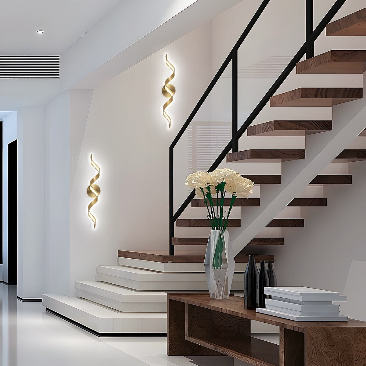 Applique murale LED moderne en spirale pour salle de bain, à intensité variable.