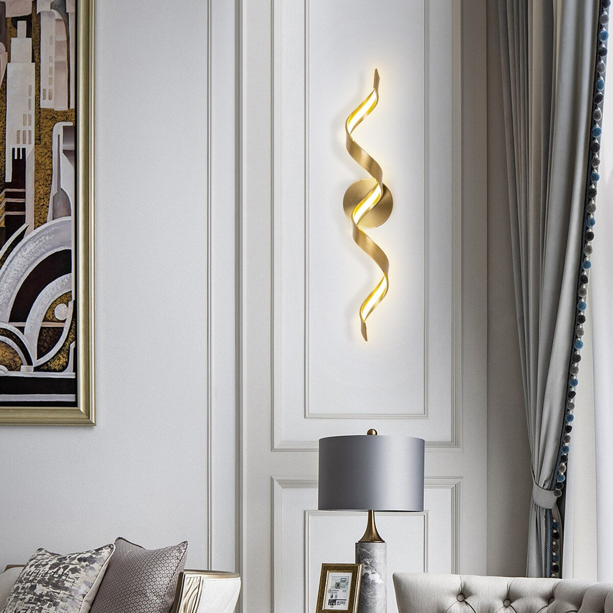 Applique murale LED moderne en spirale pour salle de bain, à intensité variable.