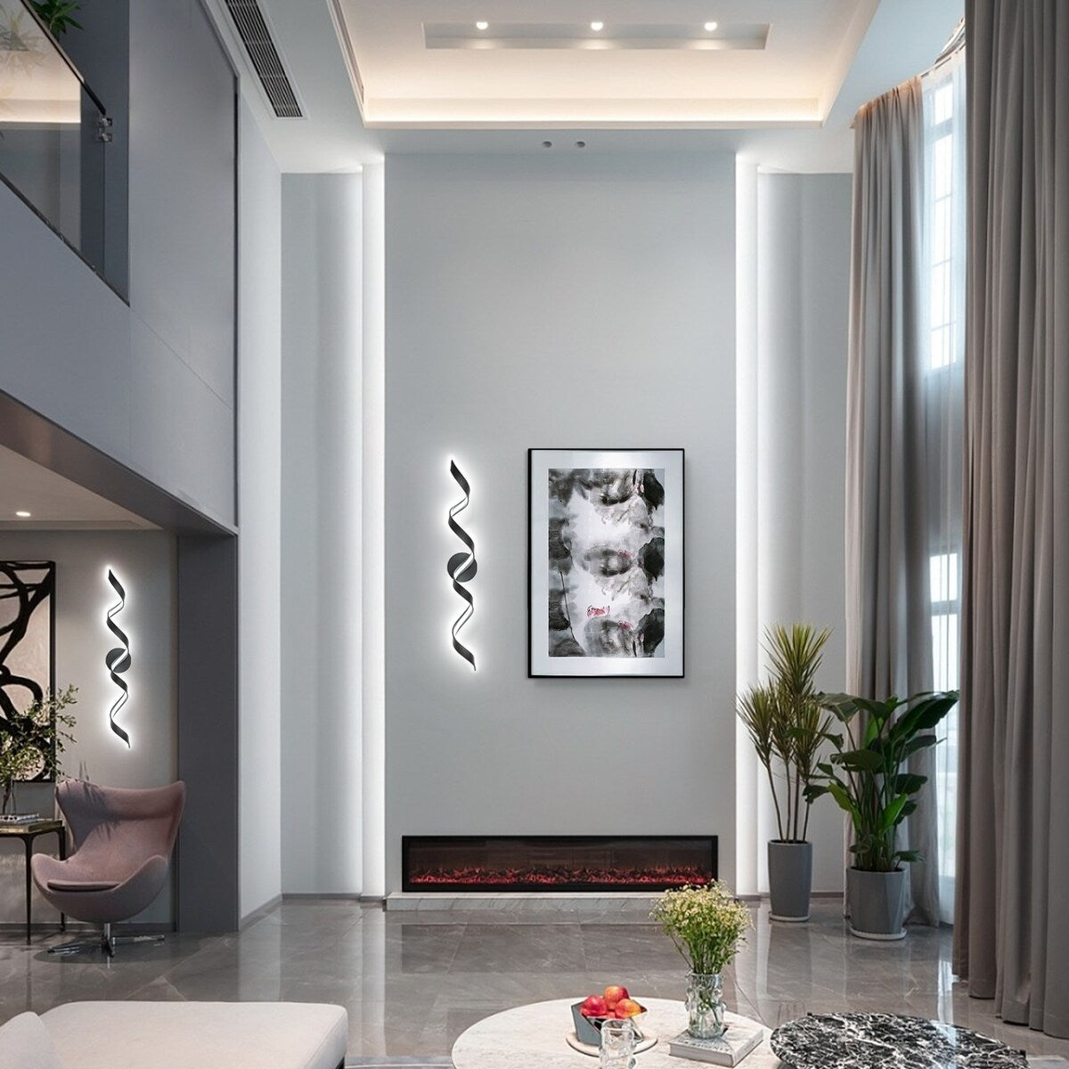 Applique murale LED moderne en spirale pour salle de bain, à intensité variable.