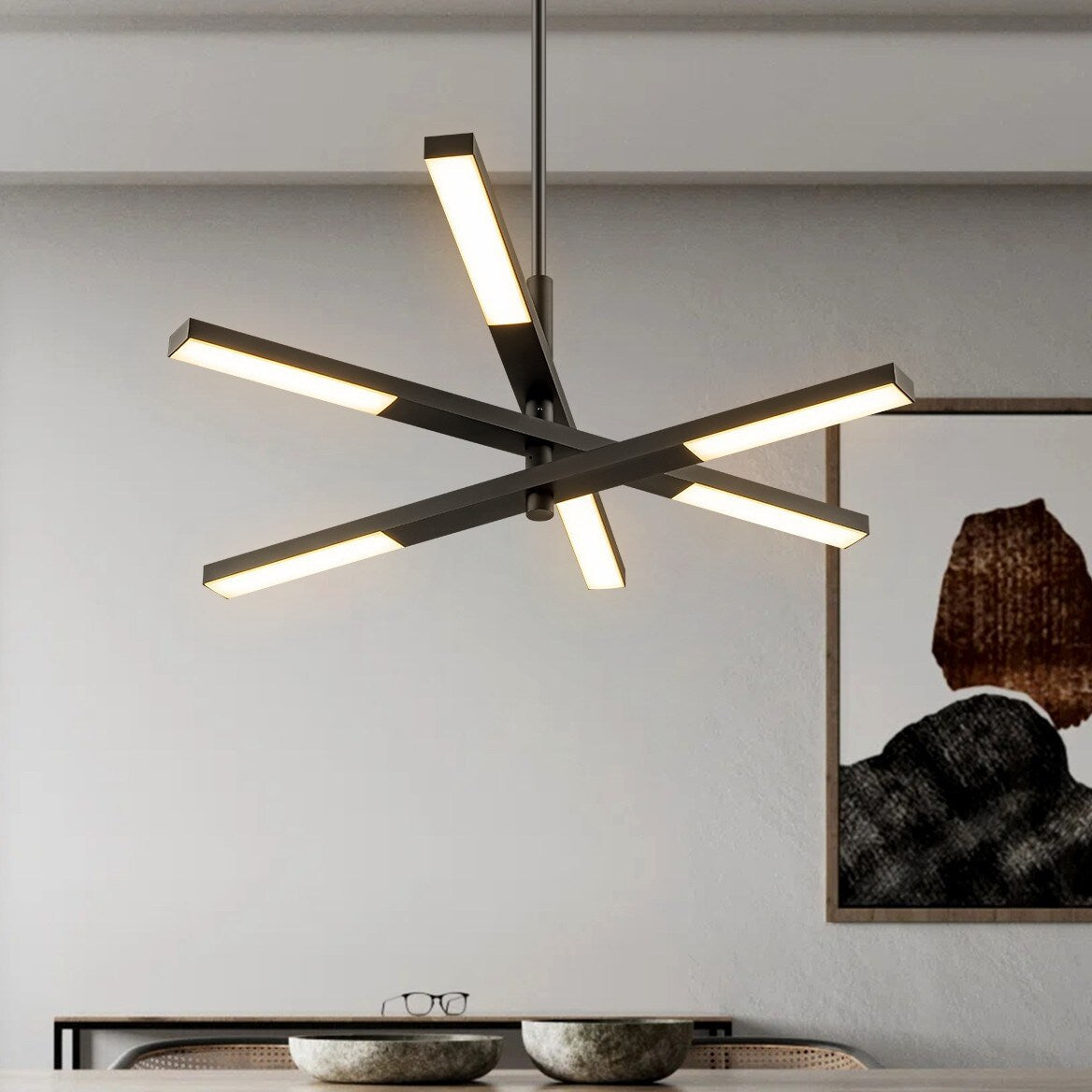 Lustre moderne linéaire à plusieurs niveaux de style Sputnik, lumière chaude 3000K, LED intégrée