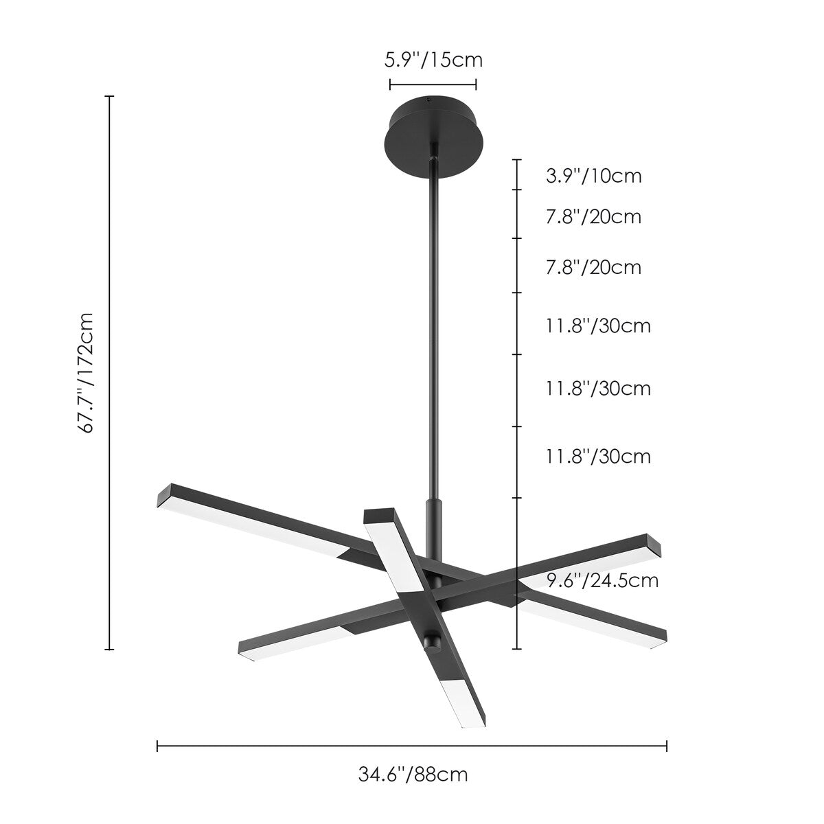 Lustre moderne linéaire à plusieurs niveaux de style Sputnik, lumière chaude 3000K, LED intégrée
