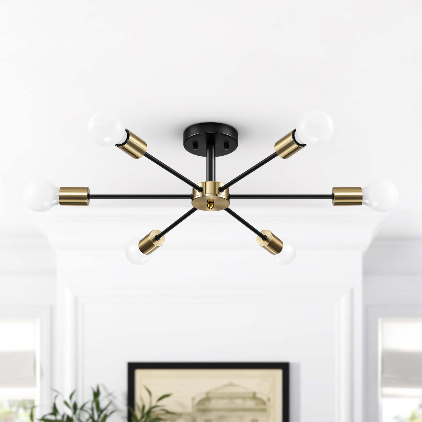 Black/ Gold Sputnik Semi Flush Mount Lamp Close to Ceiling Light Fixture for Living Room/ Kitchen/ Office/ Bedroom/ Foyer