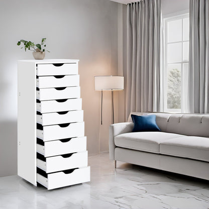 Meuble étroit en bois à 9 tiroirs avec glissières en douceur et étagère de rangement supérieure