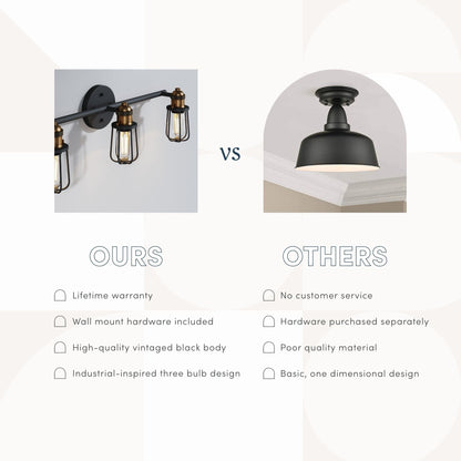 Applique murale Nathan James Rori pour salle de bain intérieure, 3 lumières, style ferme, avec détails en laiton.