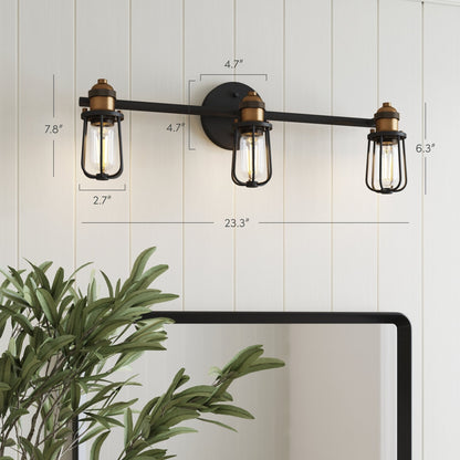 Applique murale Nathan James Rori pour salle de bain intérieure, 3 lumières, style ferme, avec détails en laiton.