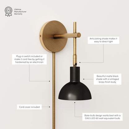 Applique murale Nathan James Tamlin à bras articulé, 1 lumière, avec prise et interrupteur marche/arrêt