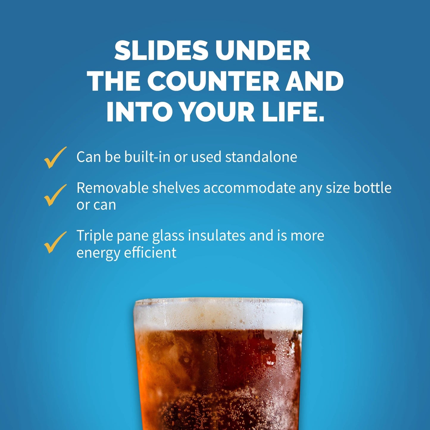 Réfrigérateur à boissons encastrable Newair de 15 pouces (38 cm) et d'une capacité de 96 canettes, en acier inoxydable, avec contrôle de la température et étagères réglables.