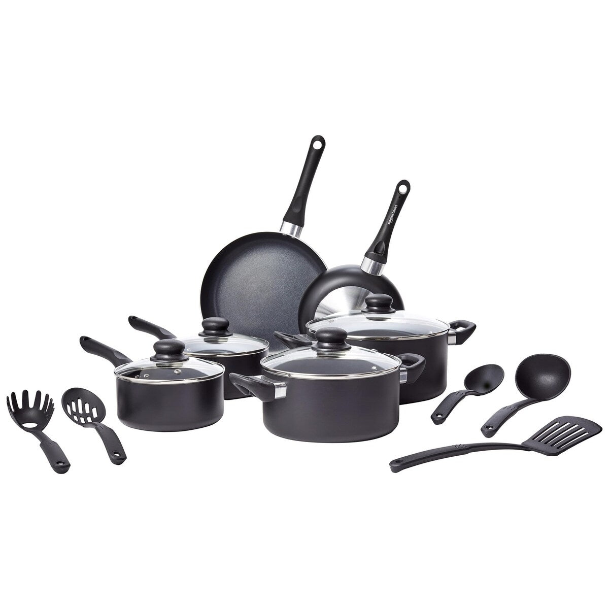 Batterie de cuisine antiadhésive 15 pièces, casseroles, poêles et ustensiles, noire