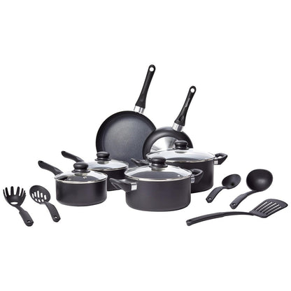 Batterie de cuisine antiadhésive 15 pièces, casseroles, poêles et ustensiles, noire