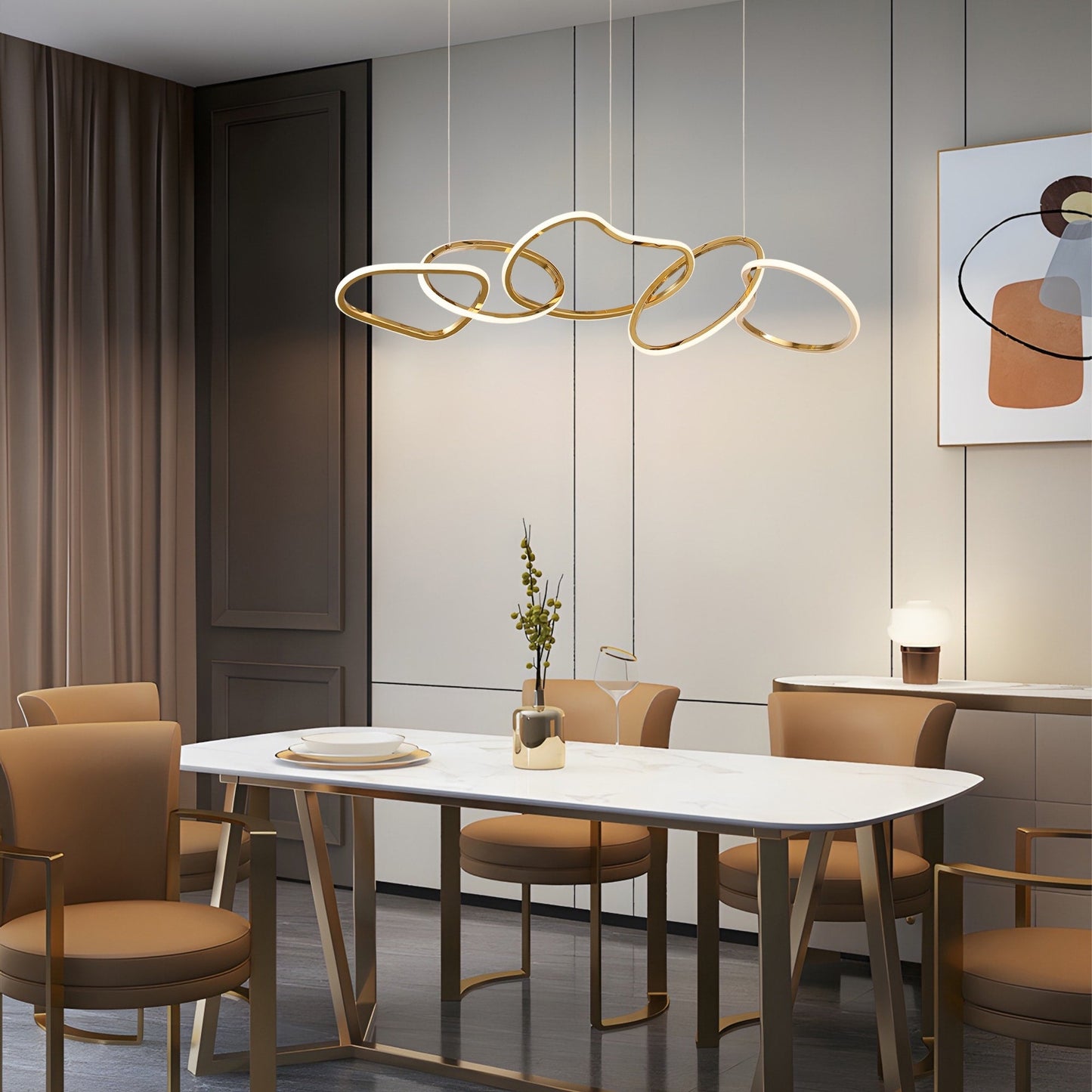 Lustre LED de luxe nordique en acier inoxydable à motifs entrelacés, idéal pour une salle à manger ou un plafond.